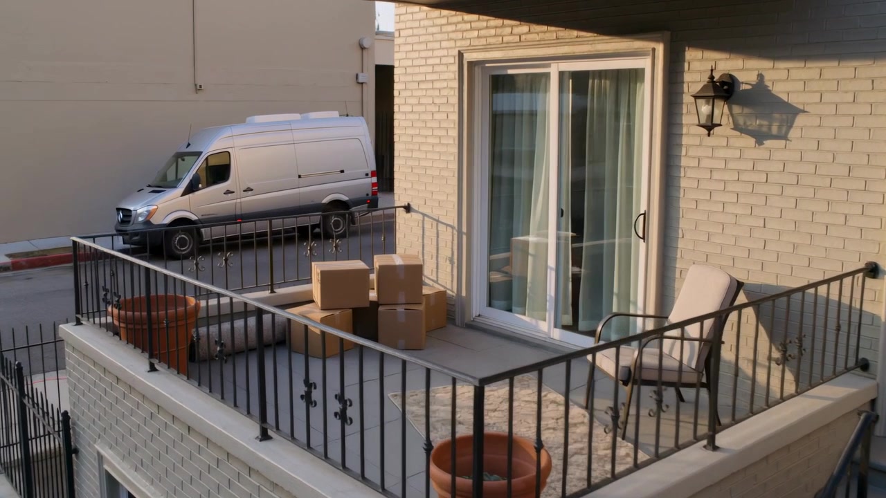 Panning camera revealing 2nd-floor balcony on quiet street, showing stacked cardboard boxes, chair