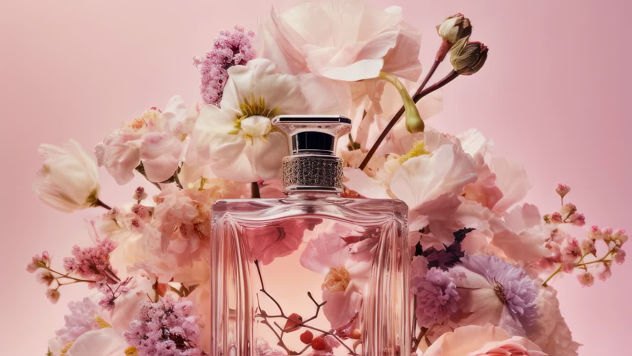 Luxurious perfume bottle featuring a silver cap and crystal accents, surrounded by pink and white flowers, exuding sophistication and romance against a soft pink background
