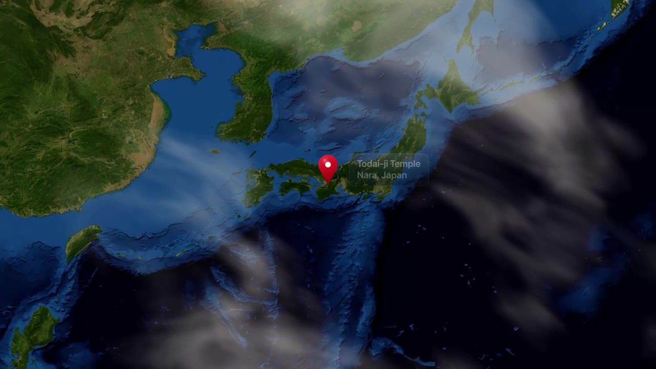 Satellite animation zooms from space into Asia to pinpoint Todai-ji Temple in Nara, Japan. Includes NASA public domain imagery.