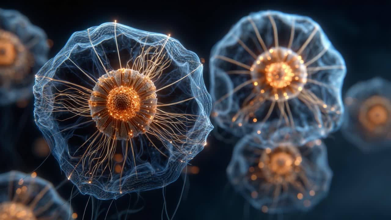 Strutture Microscopiche Complesse: Un Primo Piano di Cellule Luminescenti Catturate in Movimento, che Evidenzia i Loro Schemi Unici e il Trasferimento Dinamico di Energia.