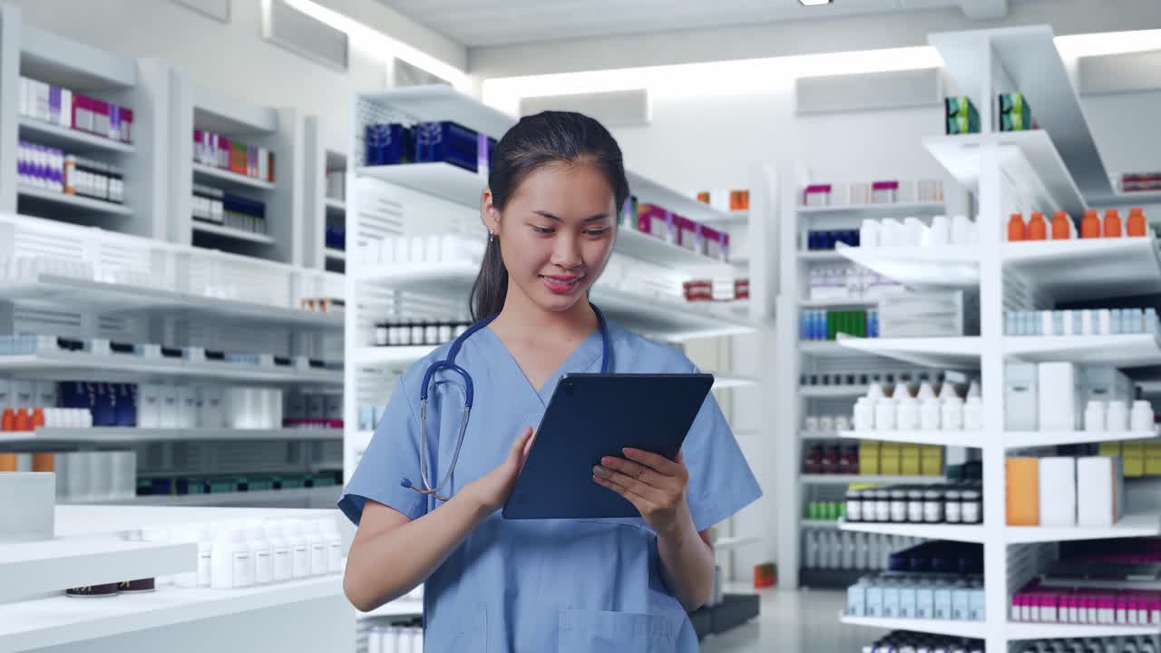 약국 에 서 있는 동안 태블릿 을 사용 하는 스테토스코프 를 들고 있는 아시아 여성 의사