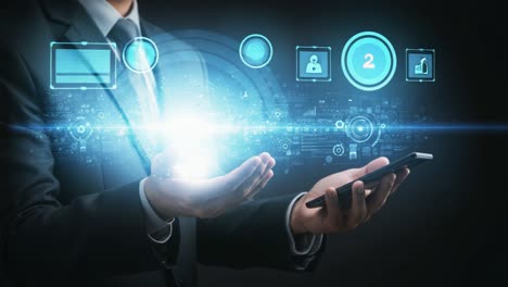 a professional businessman utilizing a smartphone to harness digital innovation, visualizing data streams and interactive interfaces in a futuristic environment