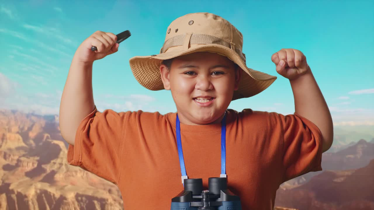 Asian Boy With A Hat And Binoculars Using The Magnifying Glass Then Flexing His Bicep While Traveling At The Top Of Mountain. Boy Researcher Examines Something, Travel Tourism Adventure, Close Up
