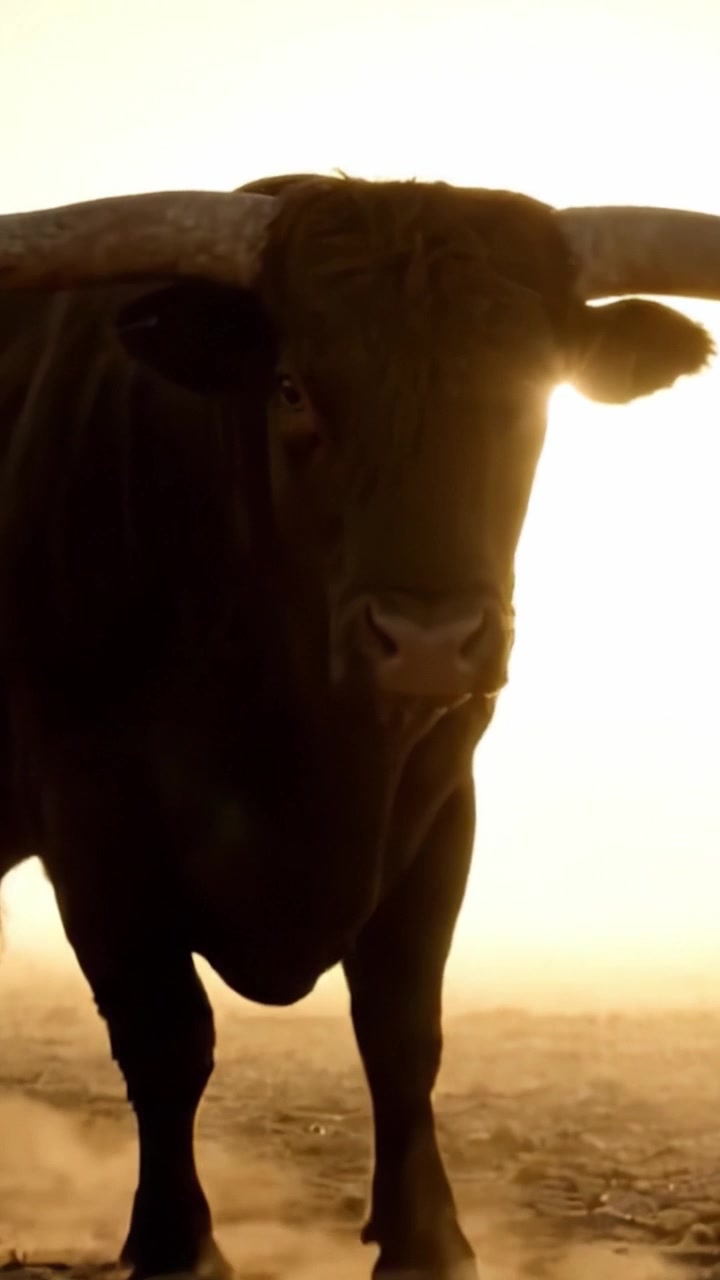 Toro maestoso in silhouette contro un tramonto vivido in un paesaggio polveroso, che cattura l'essenza della bellezza della natura e lo spirito selvaggio.