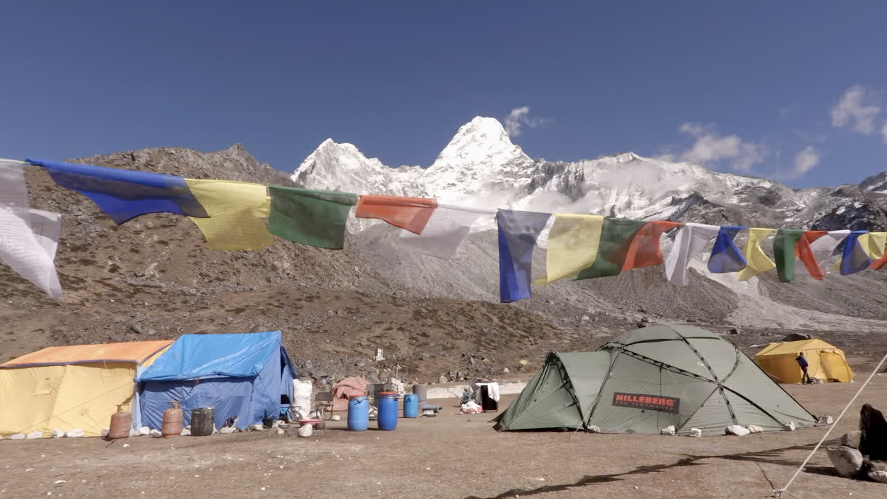 Ama Dablam basecamp with prayer flags waving in the wind