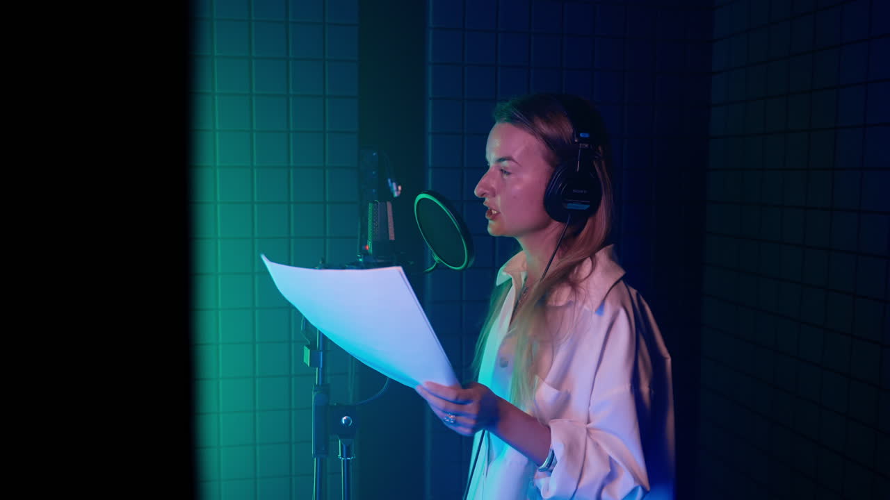 mujer cantando en un estudio de grabación