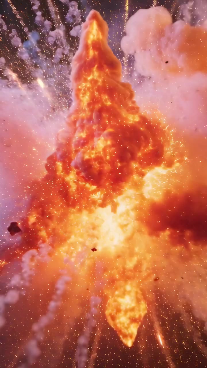 Vertical video: Igniting charge creating bright fireball with colored smoke in night sky for effect