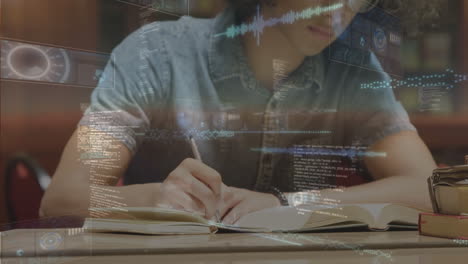 multiple screens with data processing over caucasian male student studying in library at college