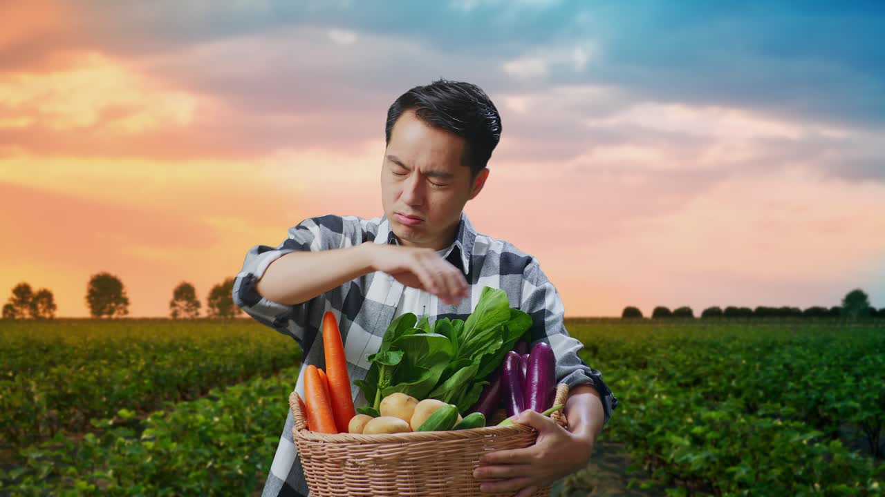 신선한 채소 바구니를 가진 농부