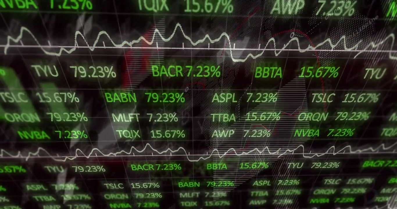 Sich öffnende Benutzeroberfläche zeigt steigende und fallende Ticker mit einem oszillierenden Diagramm, das Marktverschiebungen darstellt.