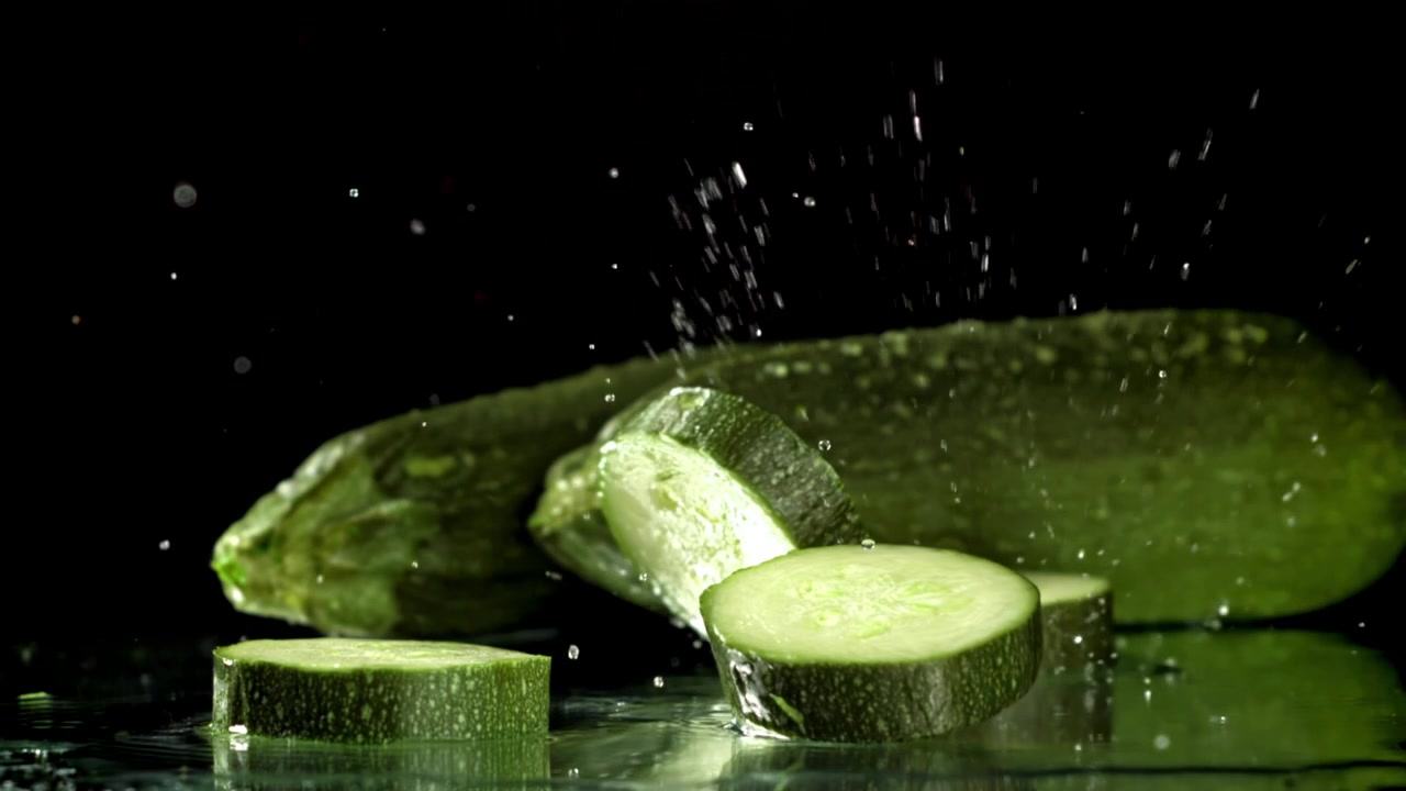 Fette fresche di zucchine che cadono e schizzano su una superficie bagnata