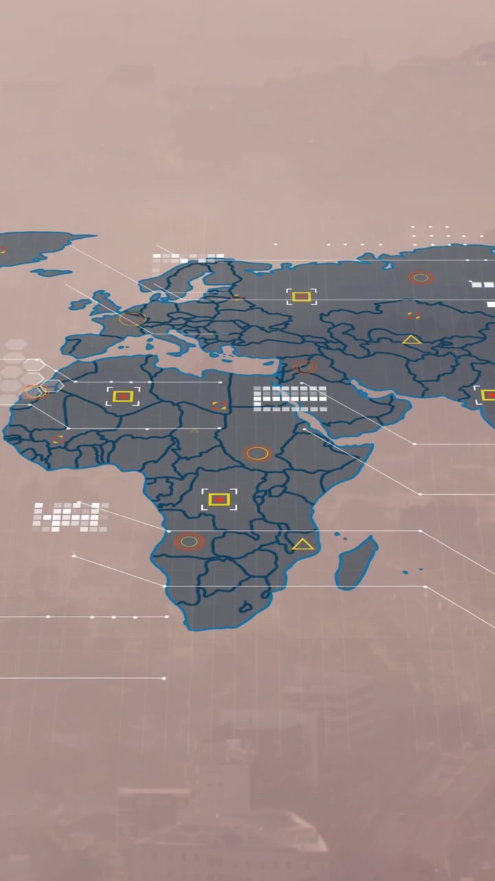 Animation of world map and financial data processing over cityscape
