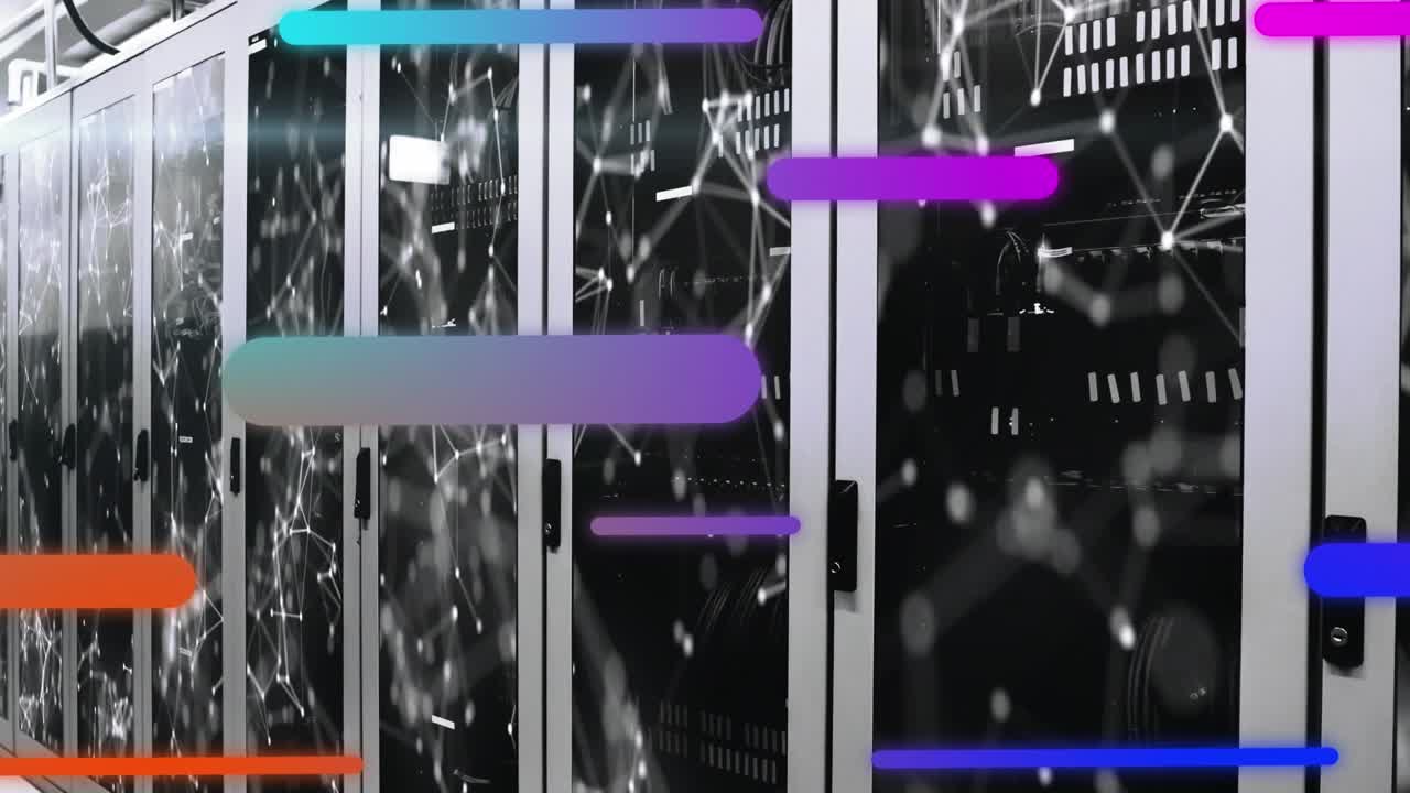 Animation of colorful gradient light trails and network of connections against computer server room