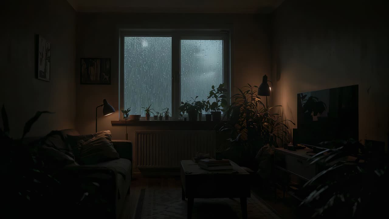 Showing centered two-pane window streaking with rain outside in living room, with potted plants