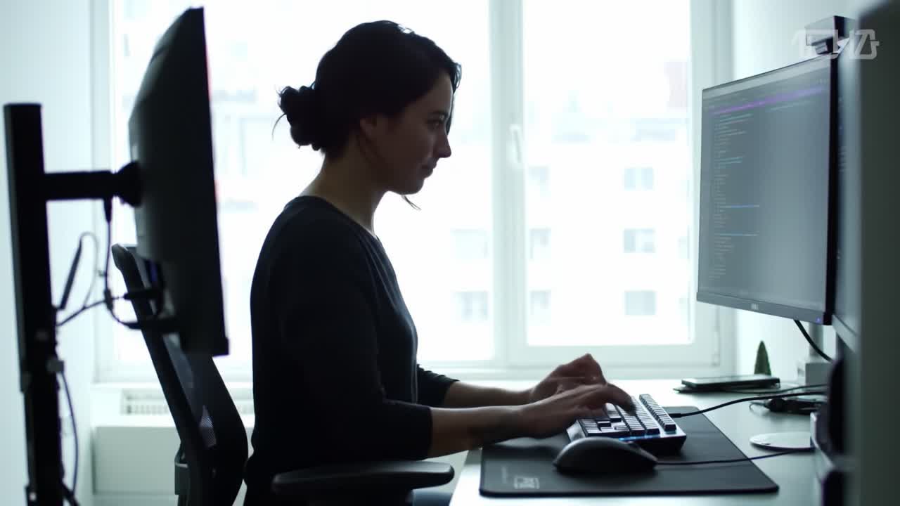 A woman sits at her desk in a well-lit home office, intently typing on her keyboard. The workspace features modern tech, emphasizing a productive atmosphere in the late afternoon.