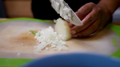 chopping and dicing a fresh onion for a homemade recipe - slow motion