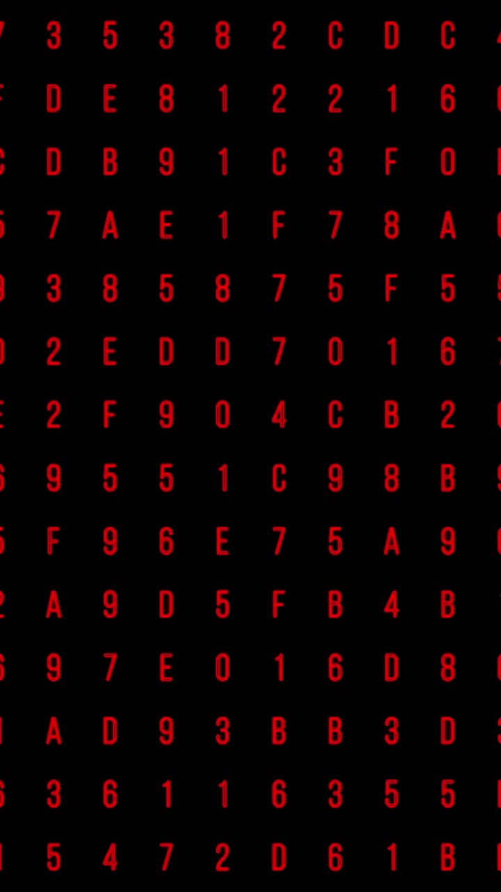 Red hexadecimal characters and numbers changing randomly on digital grid, representing error or alert on black background