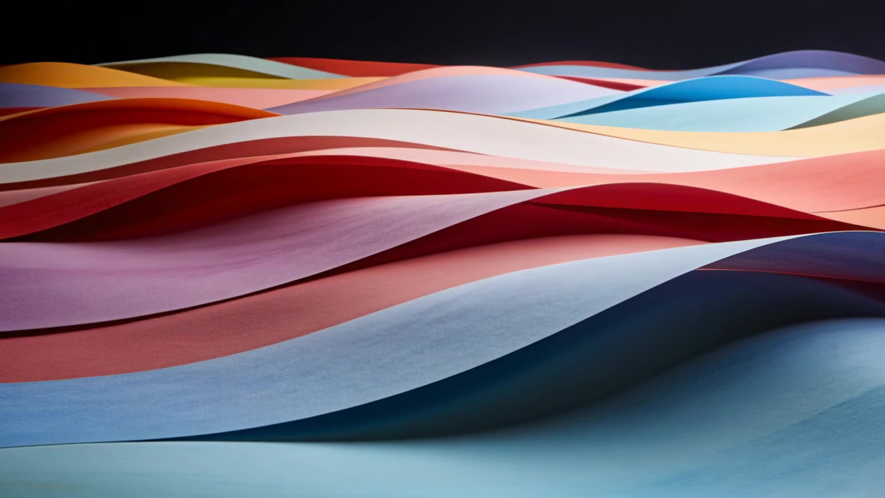 Shifting layered ribbons flowing in studio set, frame shifts revealing blue crest and warm bands