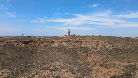 Aerial---Vlamingh-Head-Lighthouse-in-Pacific-Ocean,-Western-Australia,-arid-desert-and-blue-sky,-approach