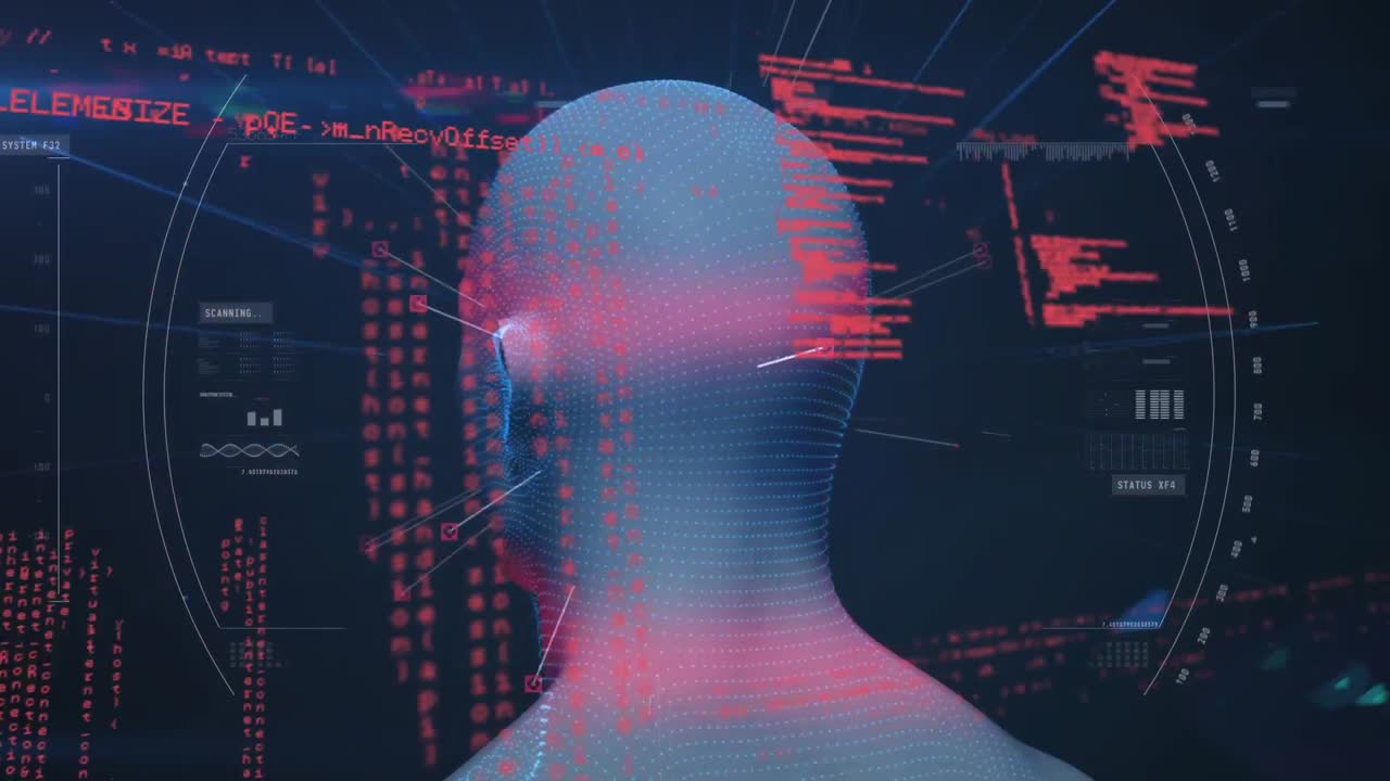 animación de la cabeza humana girando con procesamiento de datos de interfaz digital