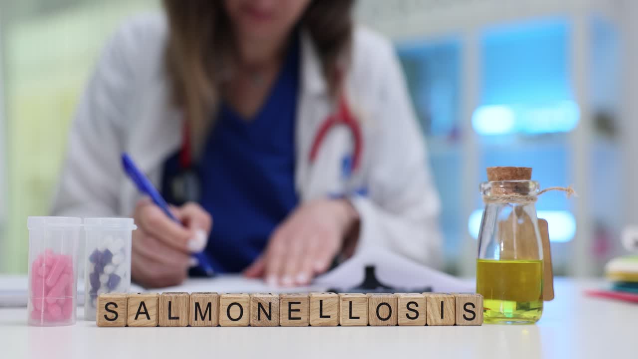 Mattoncini di legno compongono la parola salmonellosi mentre il medico monitora i sintomi.