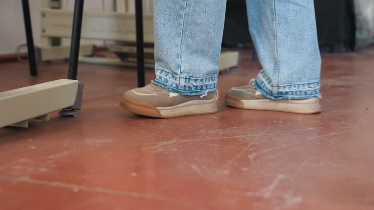 Leg view of weaver wearing canvas shoes and blue jeans walking across reddish workshop floor towards industrial sewing machine, casual confident steps inside spacious sewing workspace