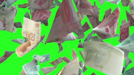 falling chinese renminbi yuan banknotes with chroma key 4k loopable