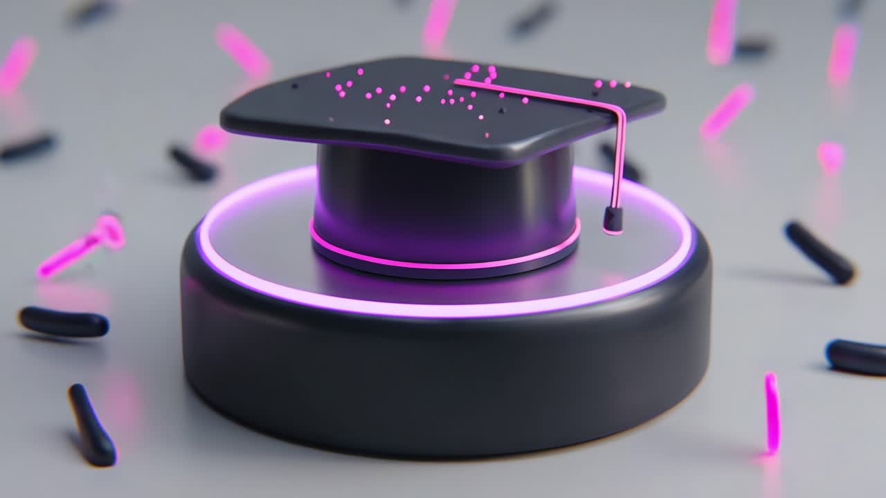 Una vivace rappresentazione in 3D di un tocco accademico su un elegante podio, illuminato con colori neon ed elementi decorativi fluttuanti, che simboleggia il successo e la celebrazione dell'istruzione