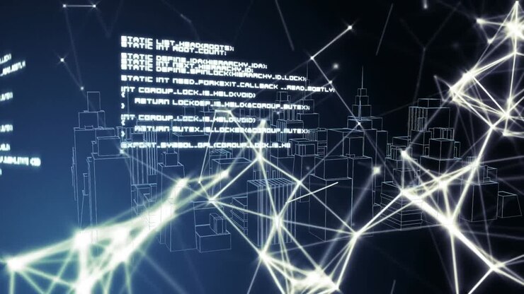 Animation of data processing and network of connections over 3d cityscape drawing