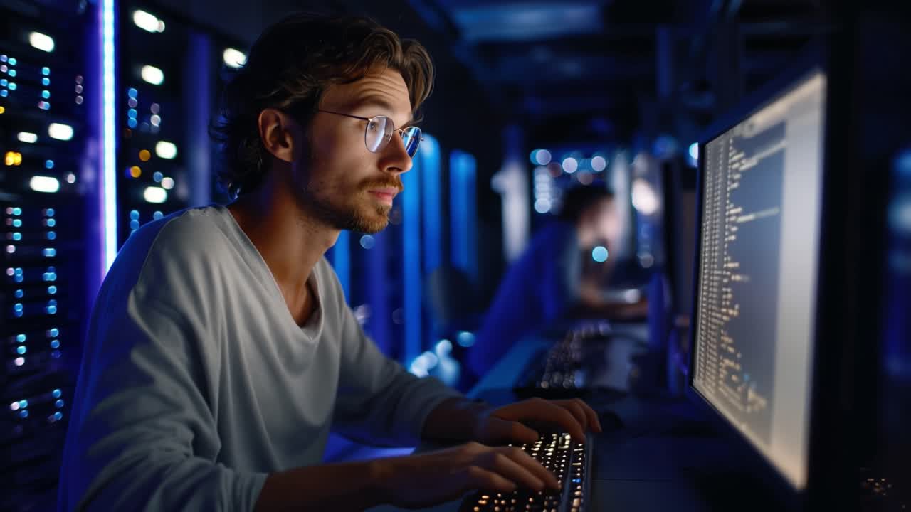 A focused individual working intently on a computer in a high-tech server room, illuminated by blue lights, showcasing the modern technology landscape and dedication