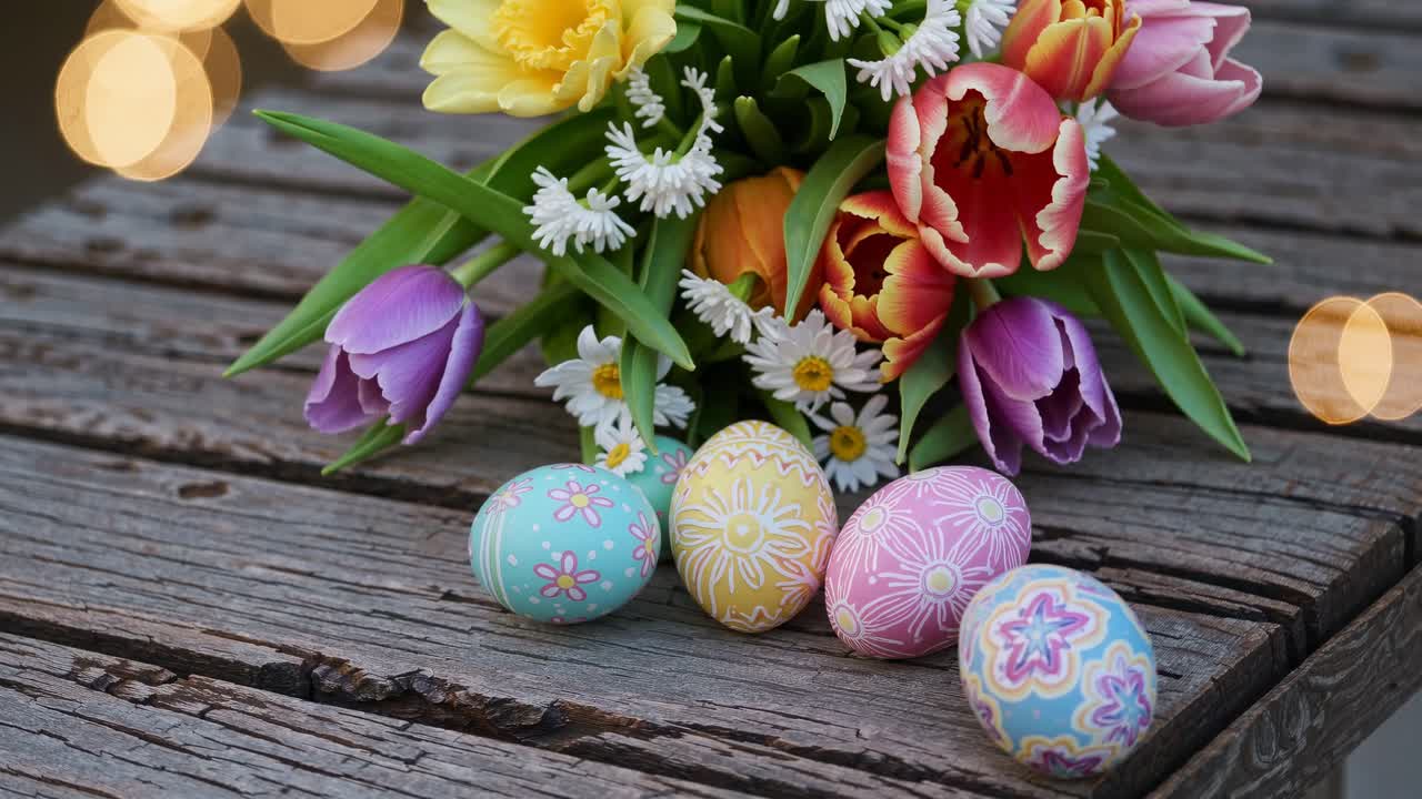 A top-down video shot of colorful Easter eggs and vibrant spring flowers on rustic wooden planks