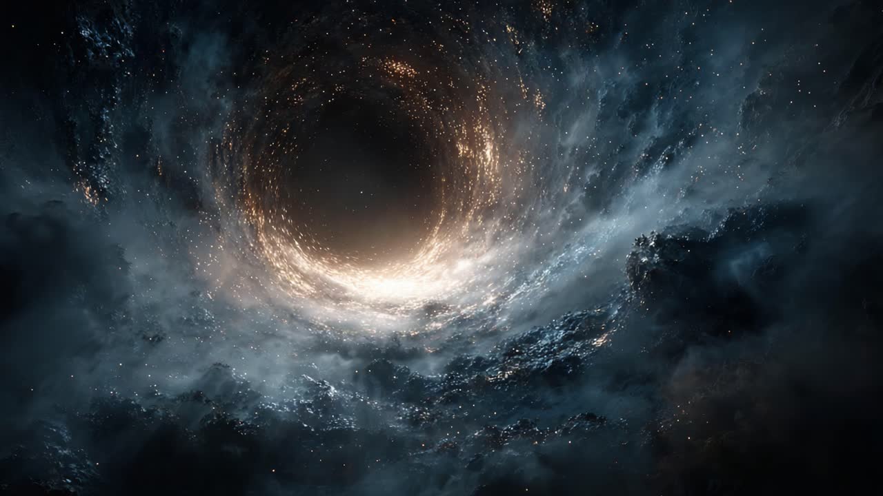 A Mysterious Cosmic Vortex: Exploring the Enigmatic Beauty of a Celestial Black Hole Surrounded by Twinkling Stars and Cosmic Clouds in Deep Space
