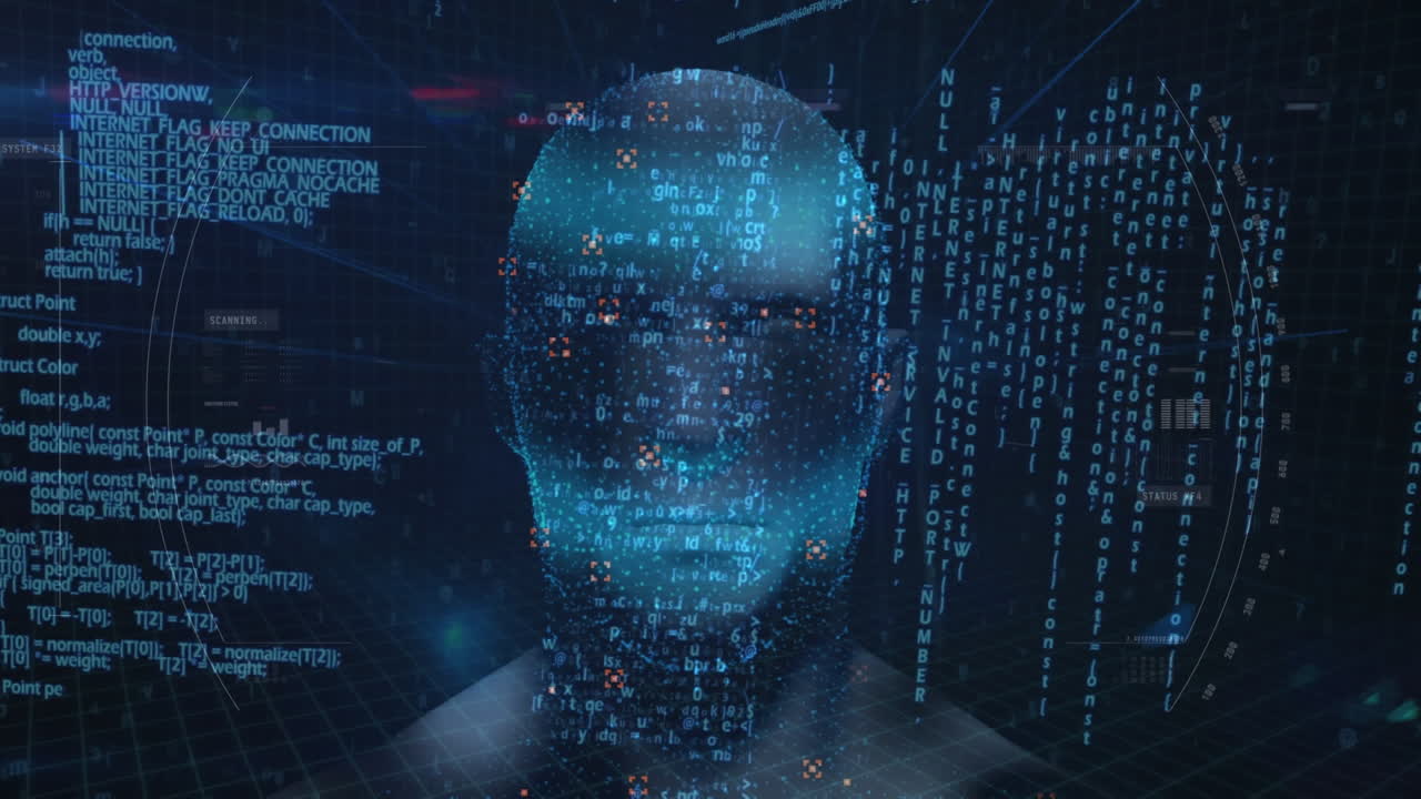 animación de la cabeza humana brillando con el procesamiento de datos de la interfaz digital