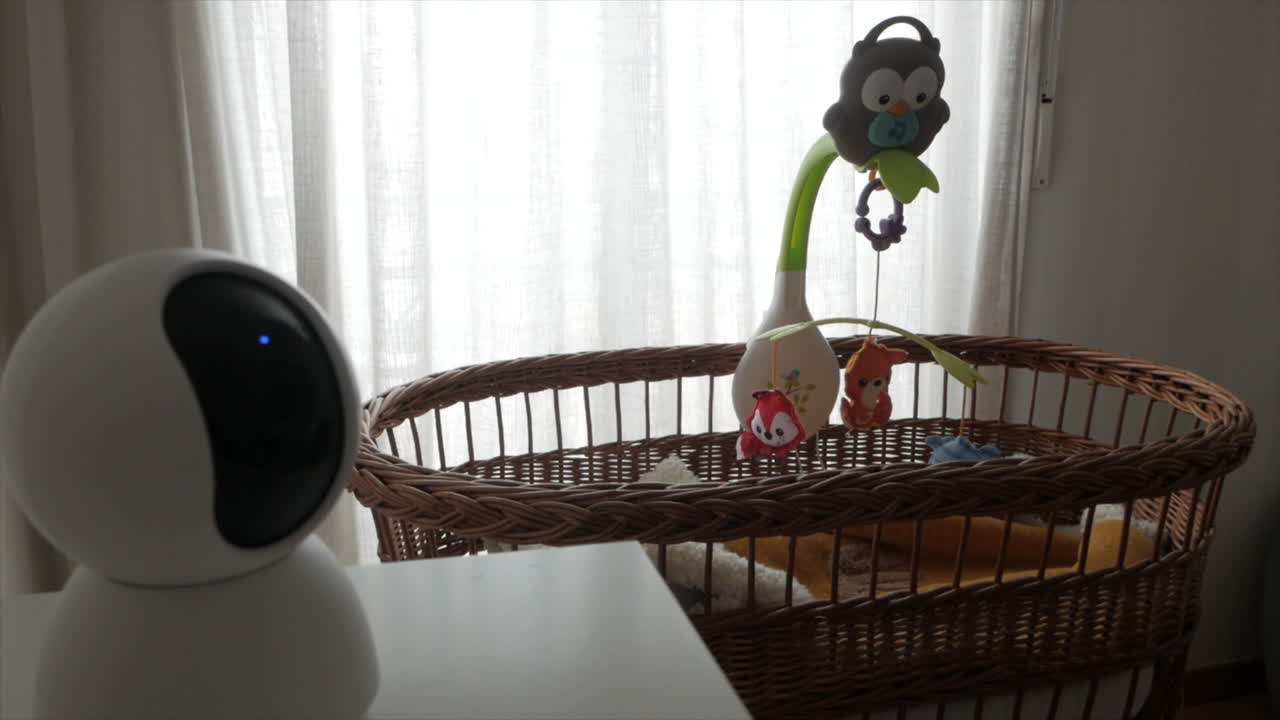 Surveillance Camera in foreground, baby crib with rotation musical toy