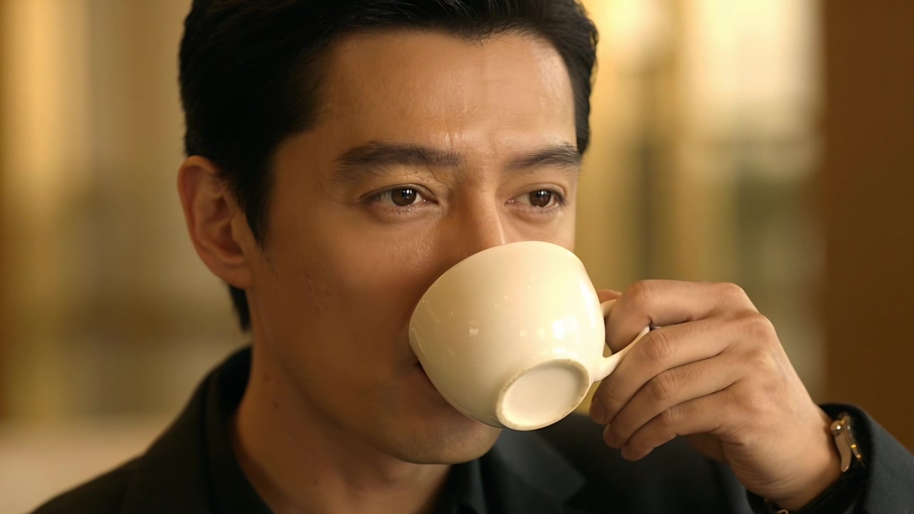 Uomo asiatico che sorseggia da una tazza di ceramica bianca in un caffè accogliente, indossando un blazer e un orologio, mentre riflette.