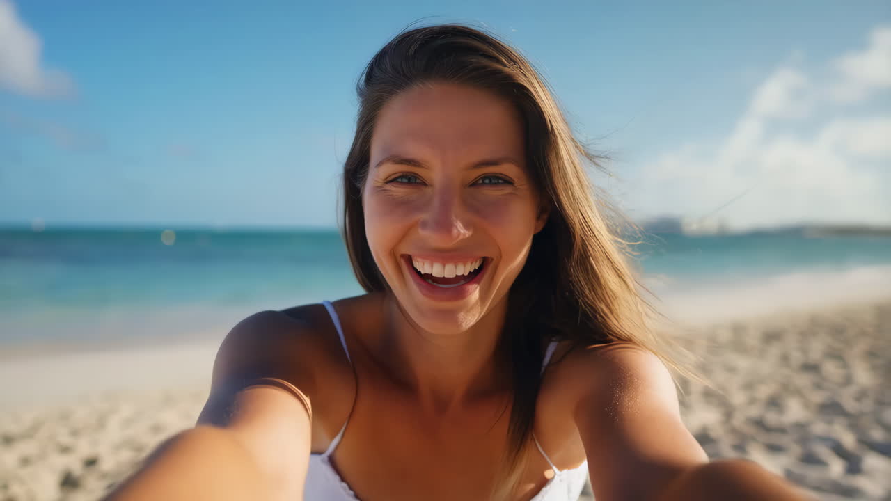Donna felice che si scatta un selfie su una spiaggia tropicale