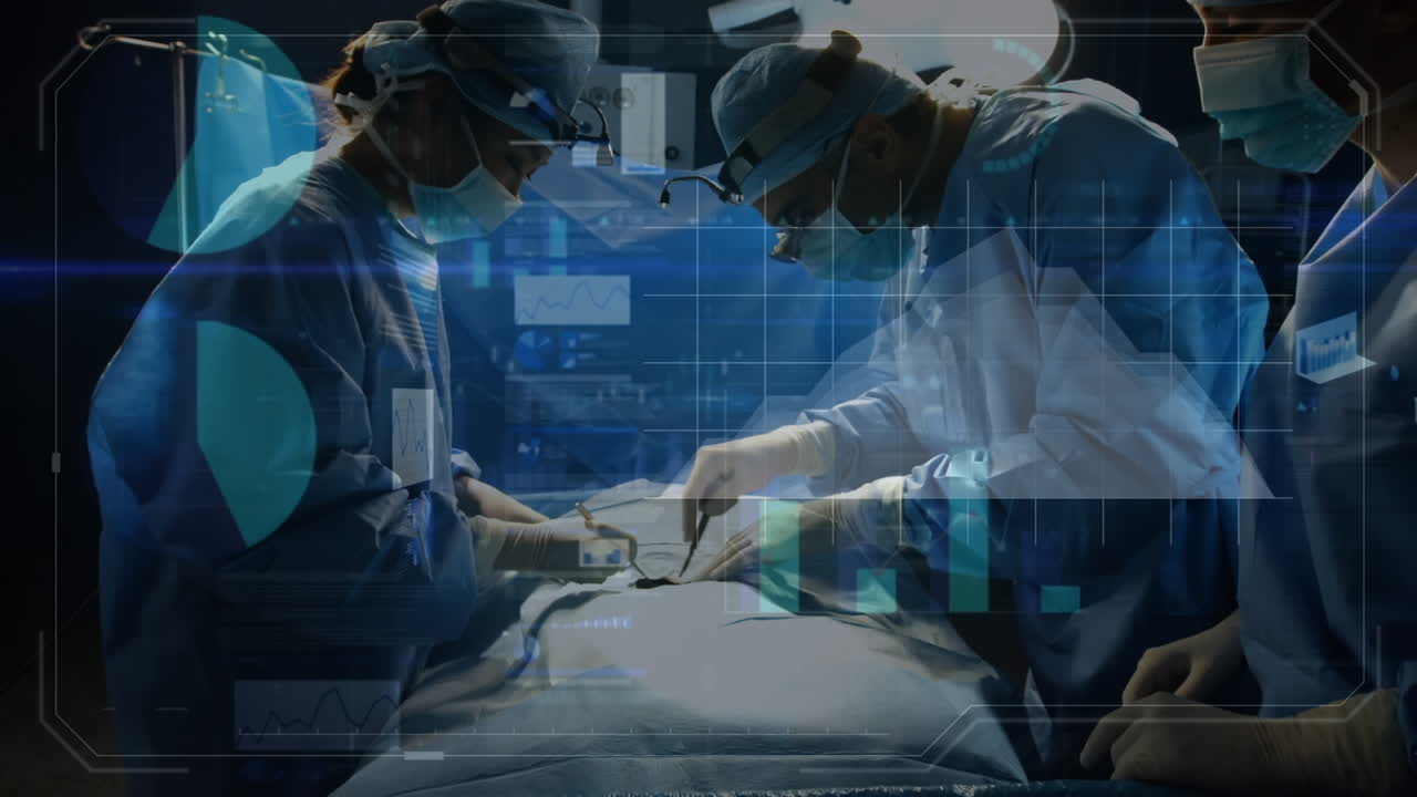 수술실에서 백인 외과 의사에 대한 재무 데이터 처리의 애니메이션