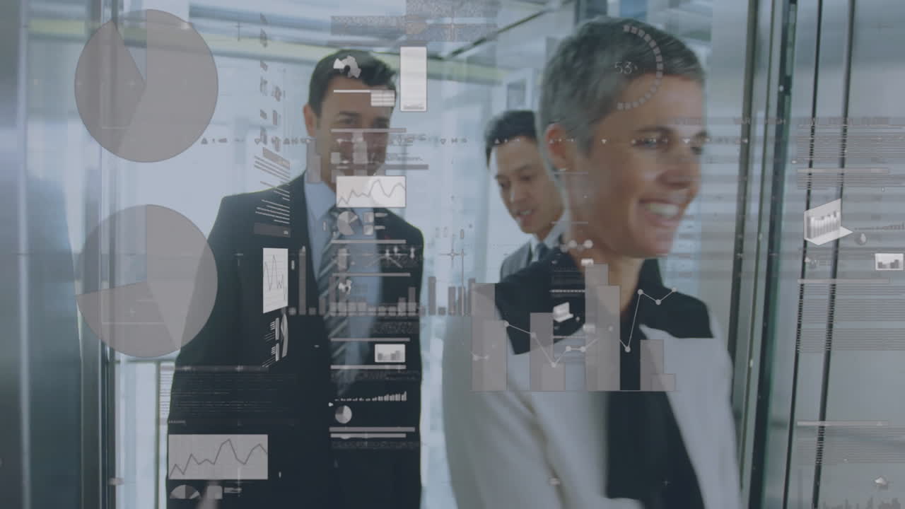 Animation of financial data processing over diverse colleagues in office