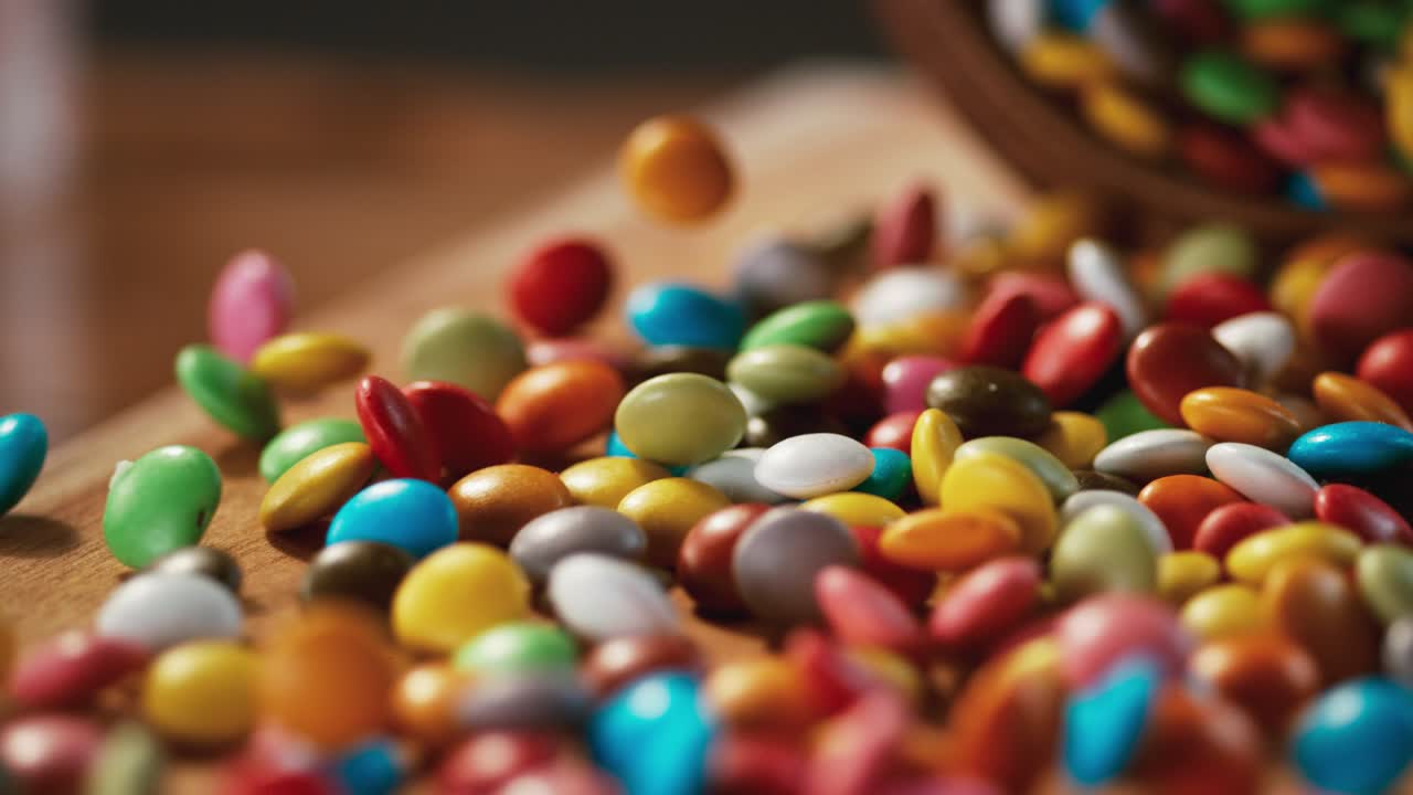 bolas de caramelo multicolores y un piso de árbol pasan delante de la cámara.