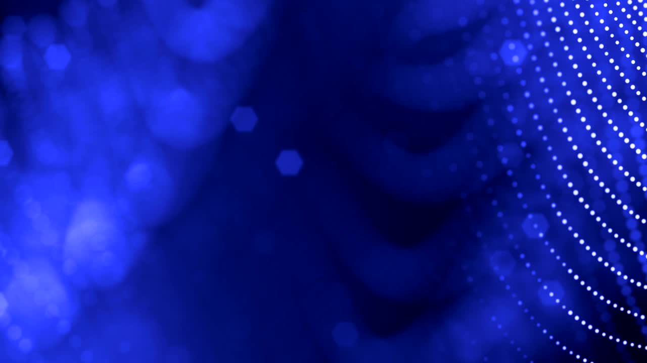 fondo azul 3d con fantásticas partículas luminosas. animación 3d en bucle con profundidad de campo, efectos de luz. fondo digital moderno. líneas curvas 17