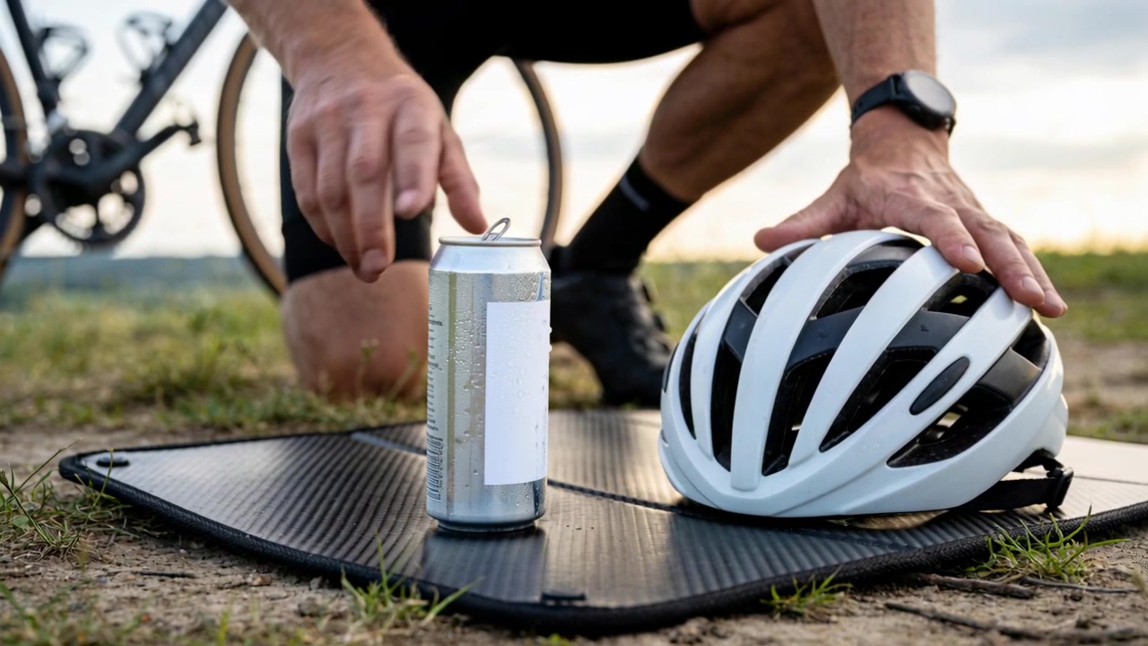 Assetato, ciclista inginocchiato su un tappetino a bordo strada con pantaloncini attillati, che sistema il casco e apre una lattina