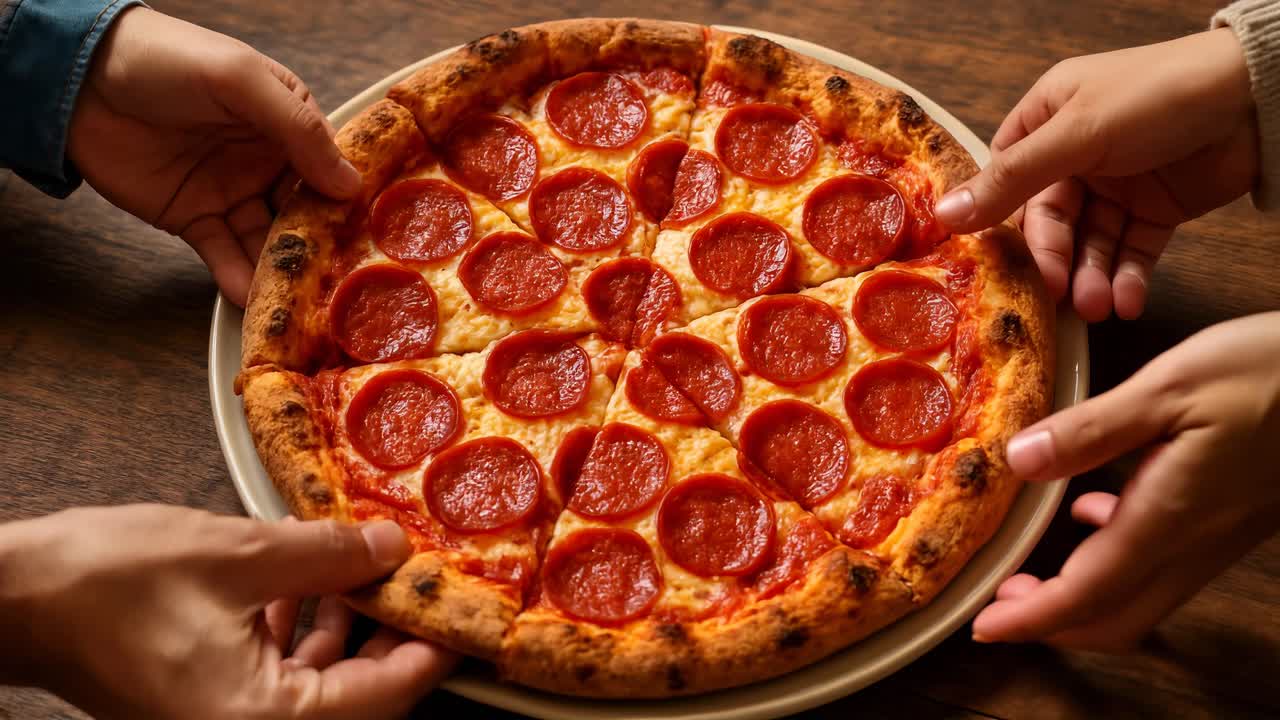 Top-down view of hands sharing a pepperoni pizza on a wooden table, capturing a warm, communal
