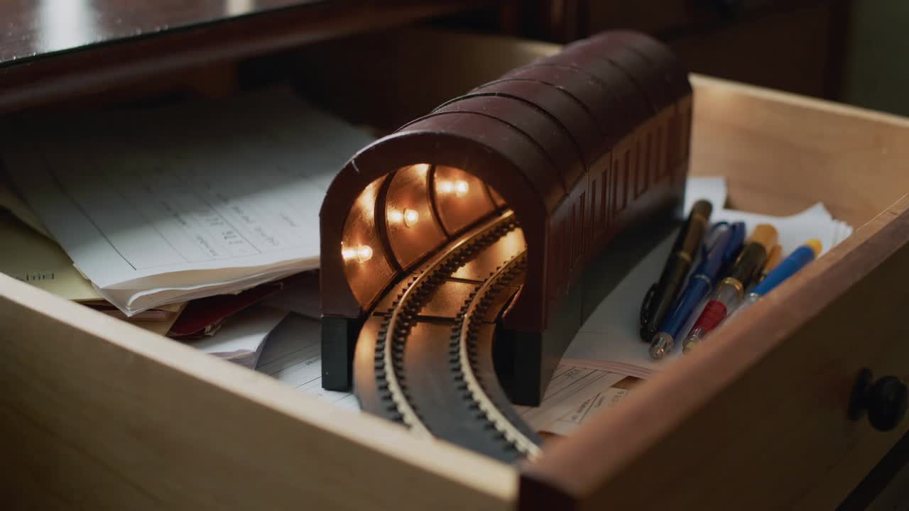 La telecamera stringe la messa a fuoco rivelando un tunnel ferroviario e binari che brillano all'interno di un cassetto di legno con penne.