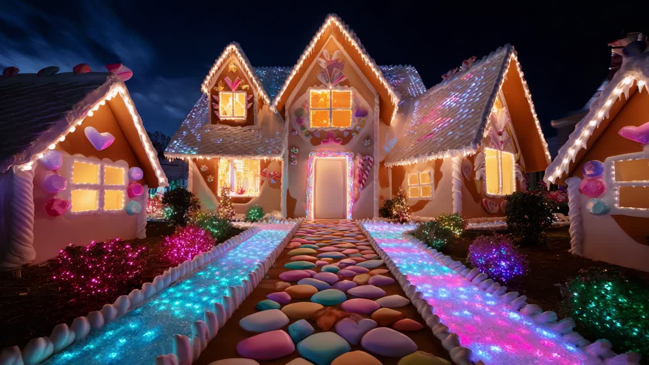 A Whimsical Gingerbread House Adorned with Colorful Lights and Sweet Decorations, Exuding a Charming Holiday Atmosphere Under a Beautiful Night Sky, Perfect for Festive Celebrations and Imagination