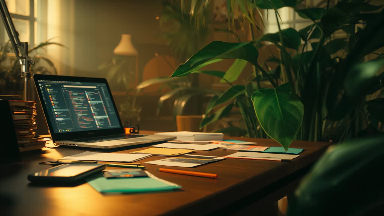 Opening shot holding steady view of coder desk setup in home office, with laptop and smartphone