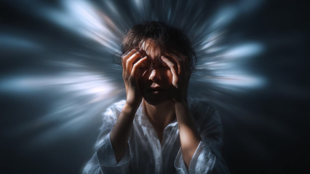 A woman in emotional distress clutches her head, surrounded by dynamic light bursts, capturing an intense moment of psychological struggle and inner turmoil