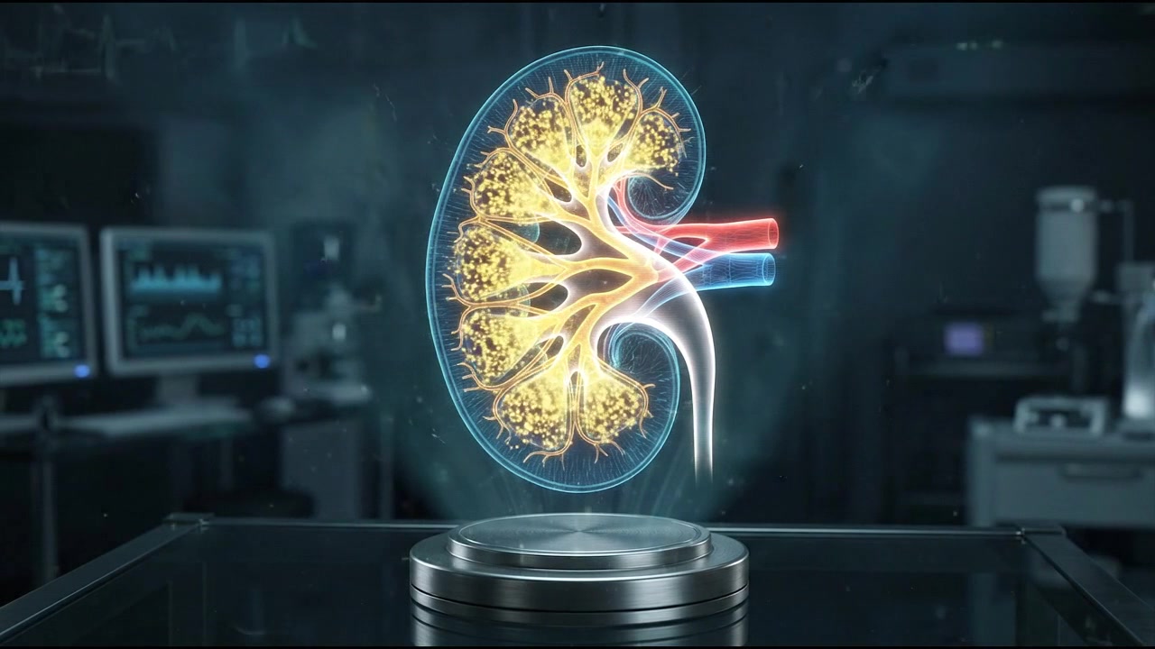 Educational detailed renal glomerulus and nephron structure in blue and gold