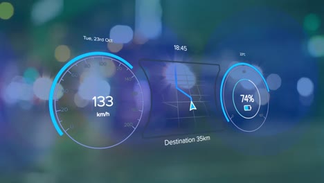 Animation-of-electric-car-speedometer-data-processing-over-city