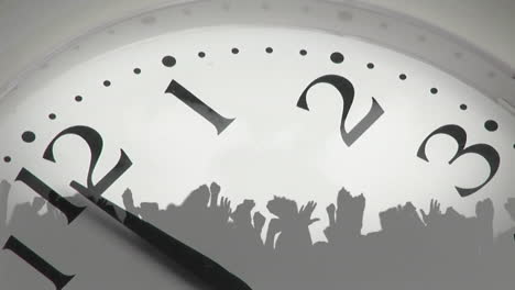 animation of clock showing midnight and people dancing on white background