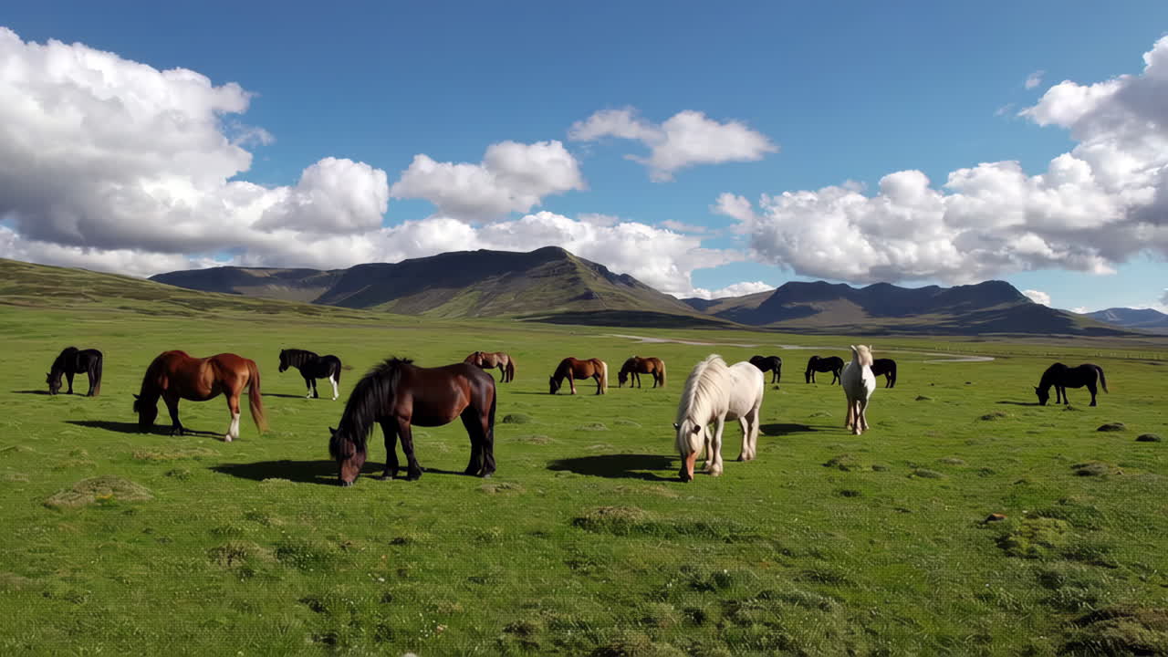 Horses grazing in a green field with mountains under a blue sky